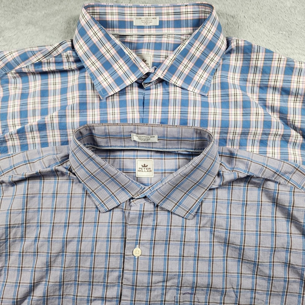 Peter Millar Shirt Men 2XL Blue Pink Lot of 2 Plaid Long Sleeve Button Up Casual